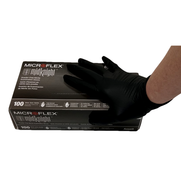 Ansell MK-296 2XL Microflex MidKnight Black Nitrile Gloves Powder-Free Box of 100 - OutdoorPowerDeals