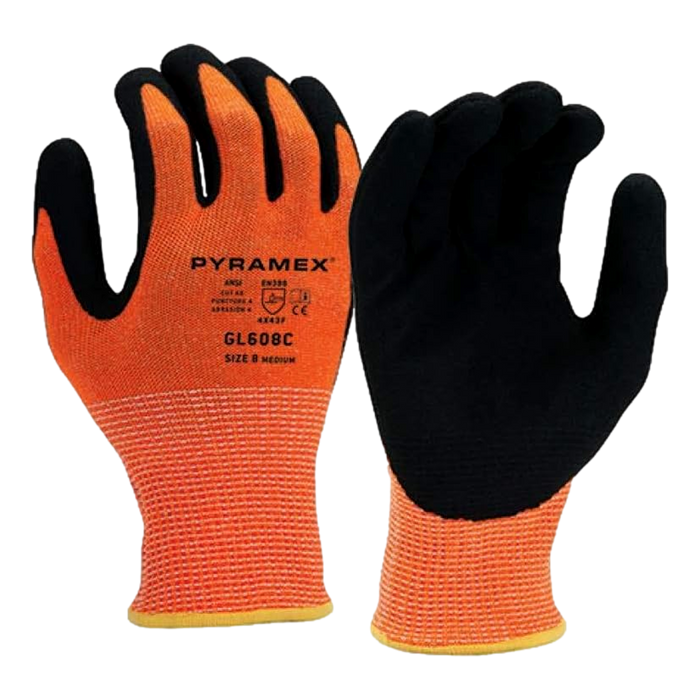 Pyramex GL608C Hi-Vis Orange Sandy Nitrile Gloves Cut-Resistant Size M 24 Pack