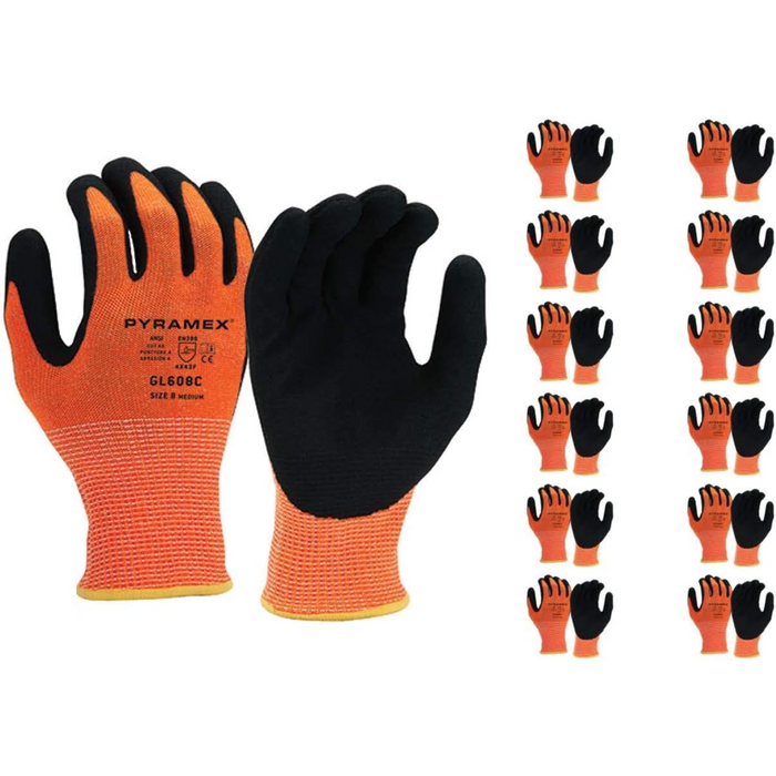 Pyramex GL608C Hi-Vis Orange Sandy Nitrile Gloves Cut-Resistant Size M 24 Pack