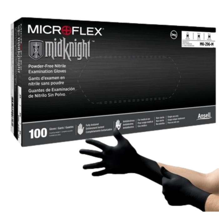 Ansell MK-296 2XL Microflex MidKnight Black Nitrile Gloves Powder-Free Box of 100 - OutdoorPowerDeals
